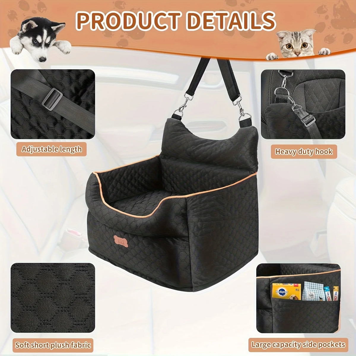 Dog Car Seat - Dog Booster Seats for Small Dogs Up to 25lbs-Elevated Pet Car Seat with Storage Pockets and Dogs Seat Belt-Pet Travel Bed for Front & Back Seats-Removable Washable-Black
